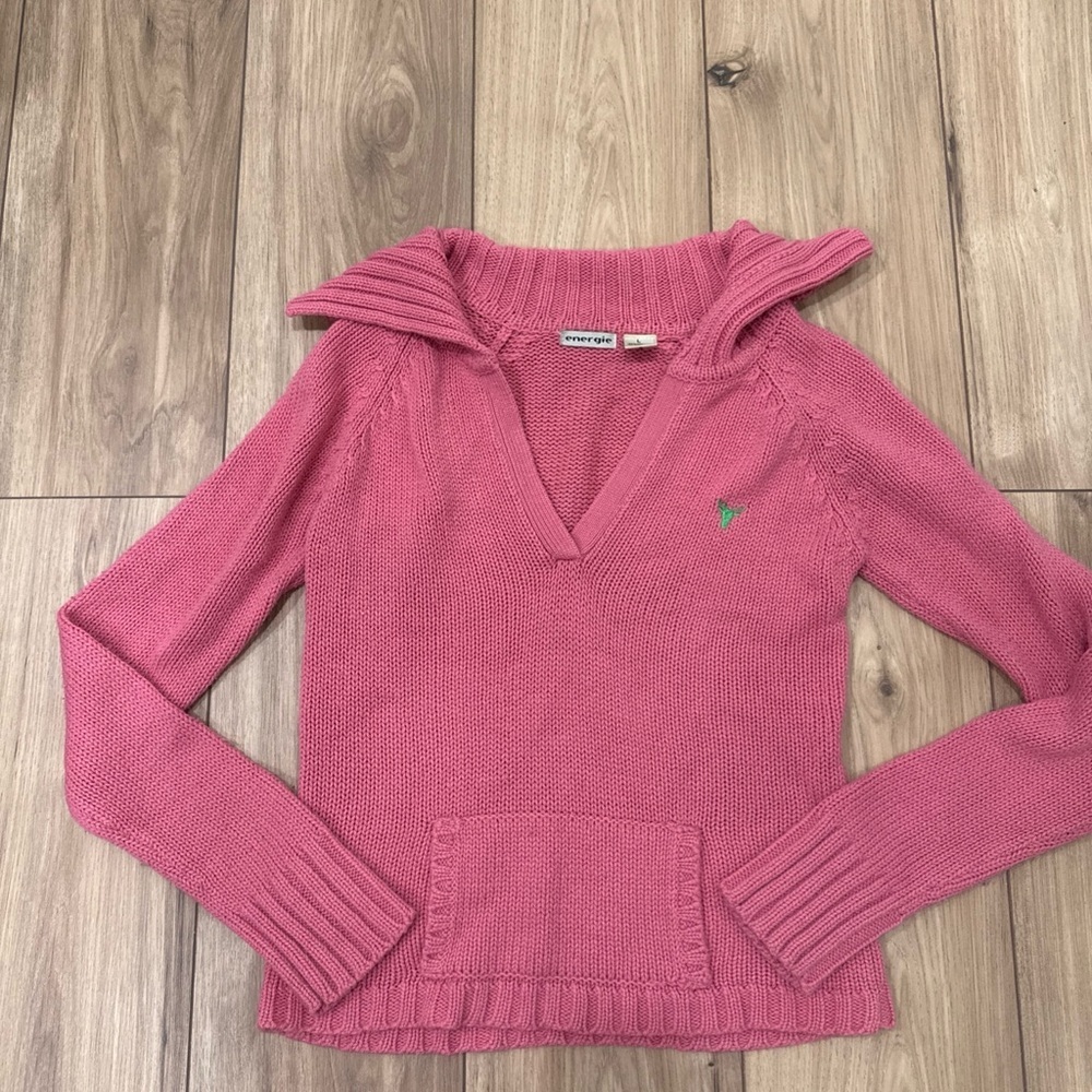 Vintage Y2K Energie V-Neck Knit Sweater Pink Size L Moose Logo With Muff